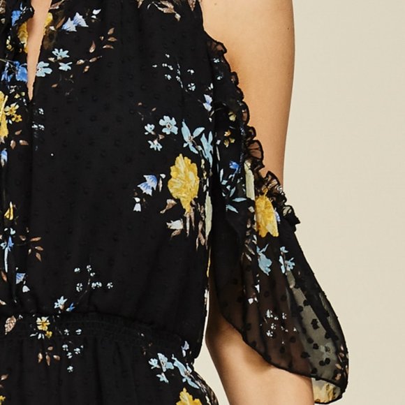 Black Dot Embroidery Floral Ruffle Dress- Medium - Picture 3 of 3